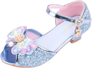 Girls Glitter Sandals Low Heels Shiny Dress Shoes with Bow Part Wedding Flower Girl Shoe Toddler Kids Water Shoes