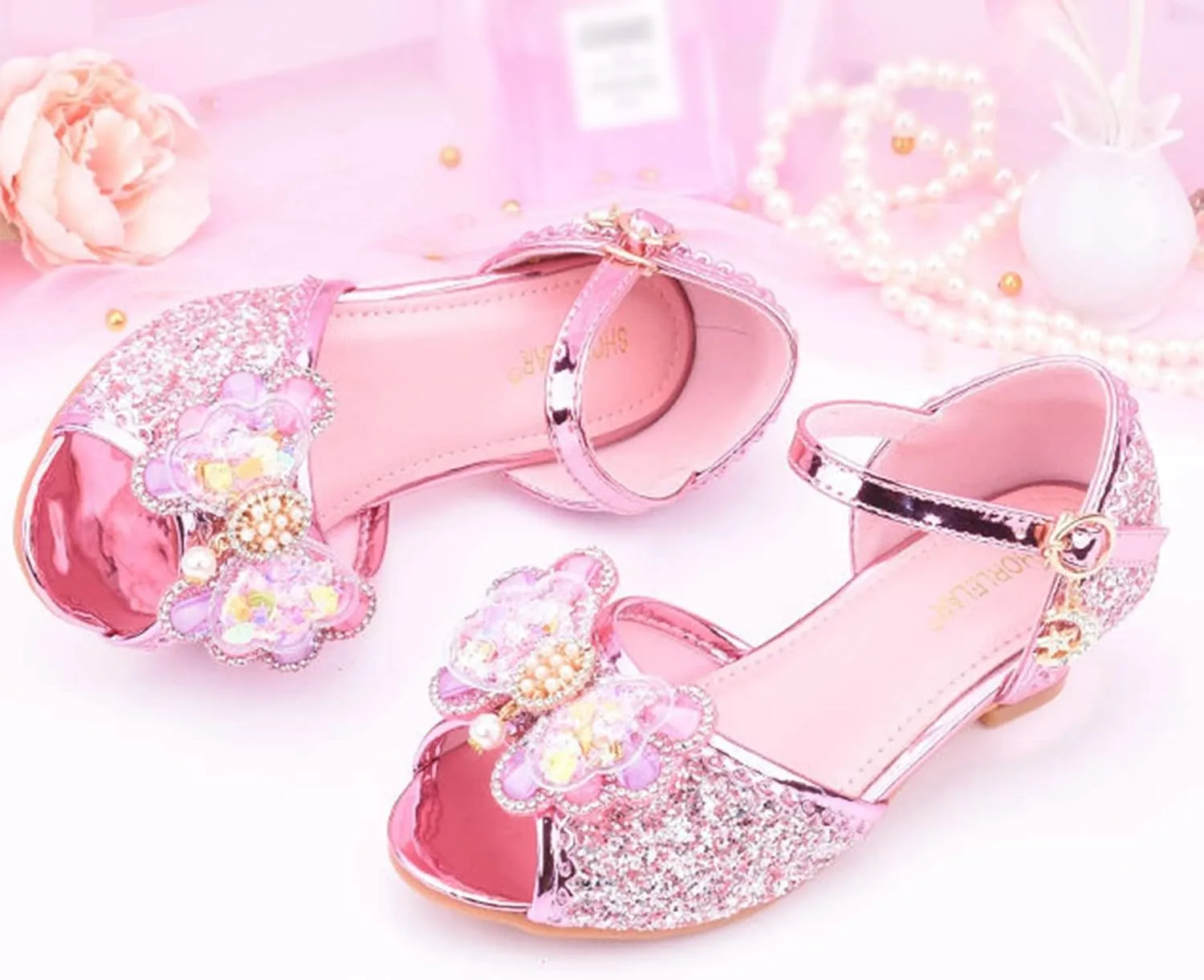 Girls Glitter Sandals Low Heels Shiny Dress Shoes with Bow Part Wedding Flower Girl Shoe Toddler Kids Water Shoes
