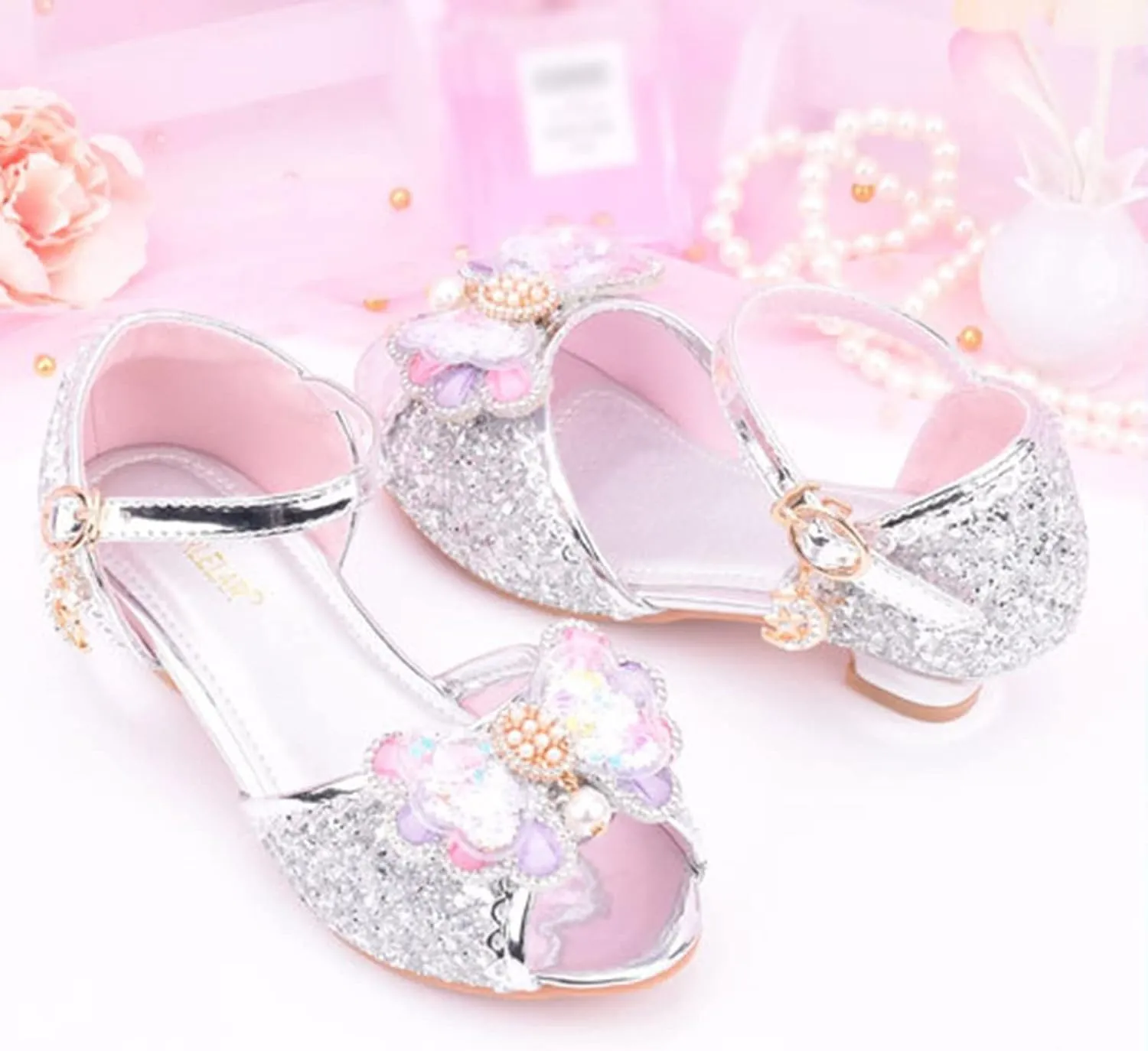 Girls Glitter Sandals Low Heels Shiny Dress Shoes with Bow Part Wedding Flower Girl Shoe Toddler Kids Water Shoes
