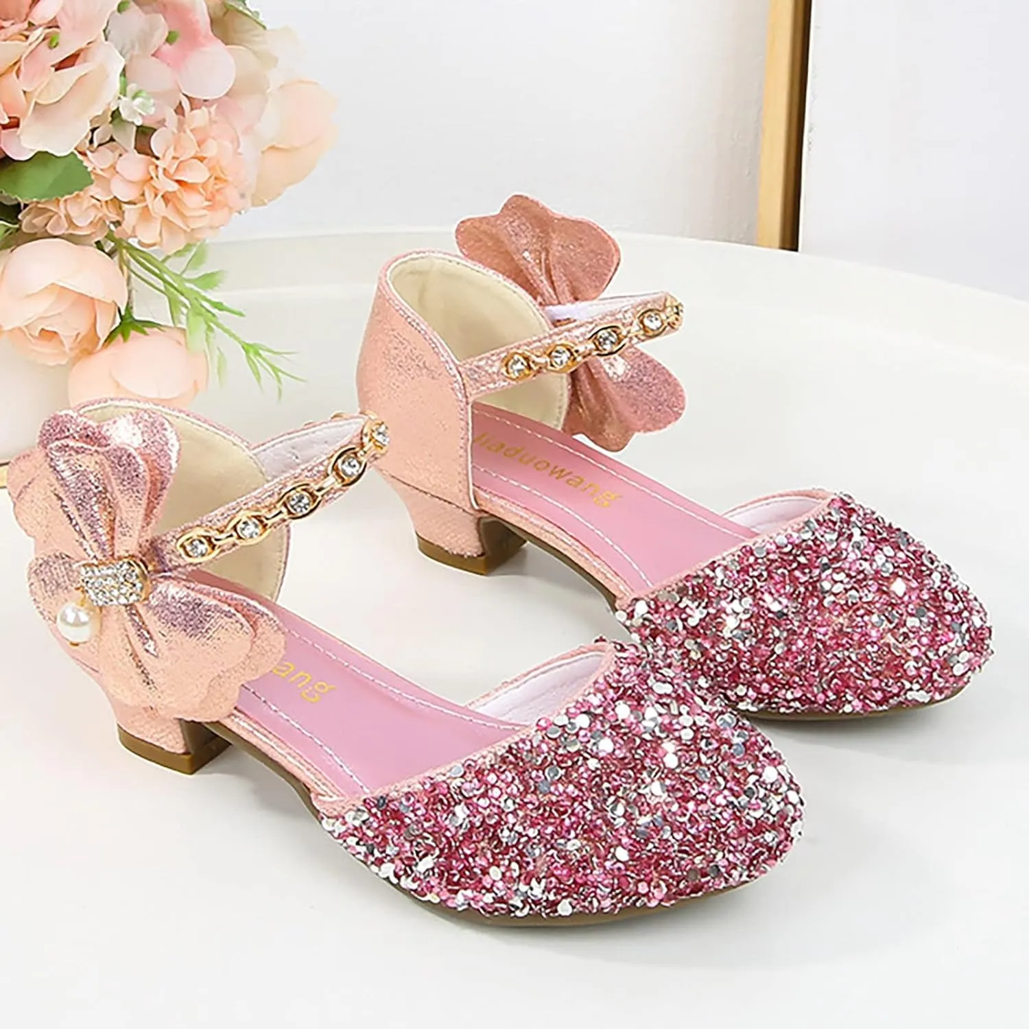 Girls Mary Jane Dress Shoes Rhinestons Bows Flower Girl Wedding Low Heels Pump Shoes Toddler Dress Heels with Buckles