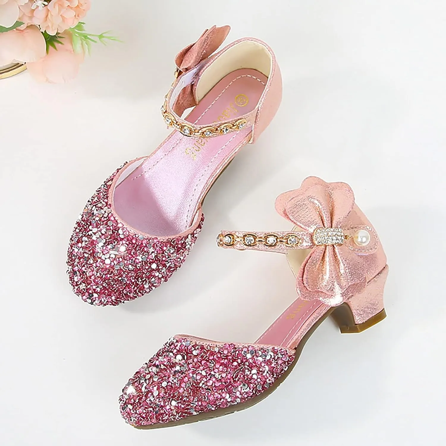 Girls Mary Jane Dress Shoes Rhinestons Bows Flower Girl Wedding Low Heels Pump Shoes Toddler Dress Heels with Buckles