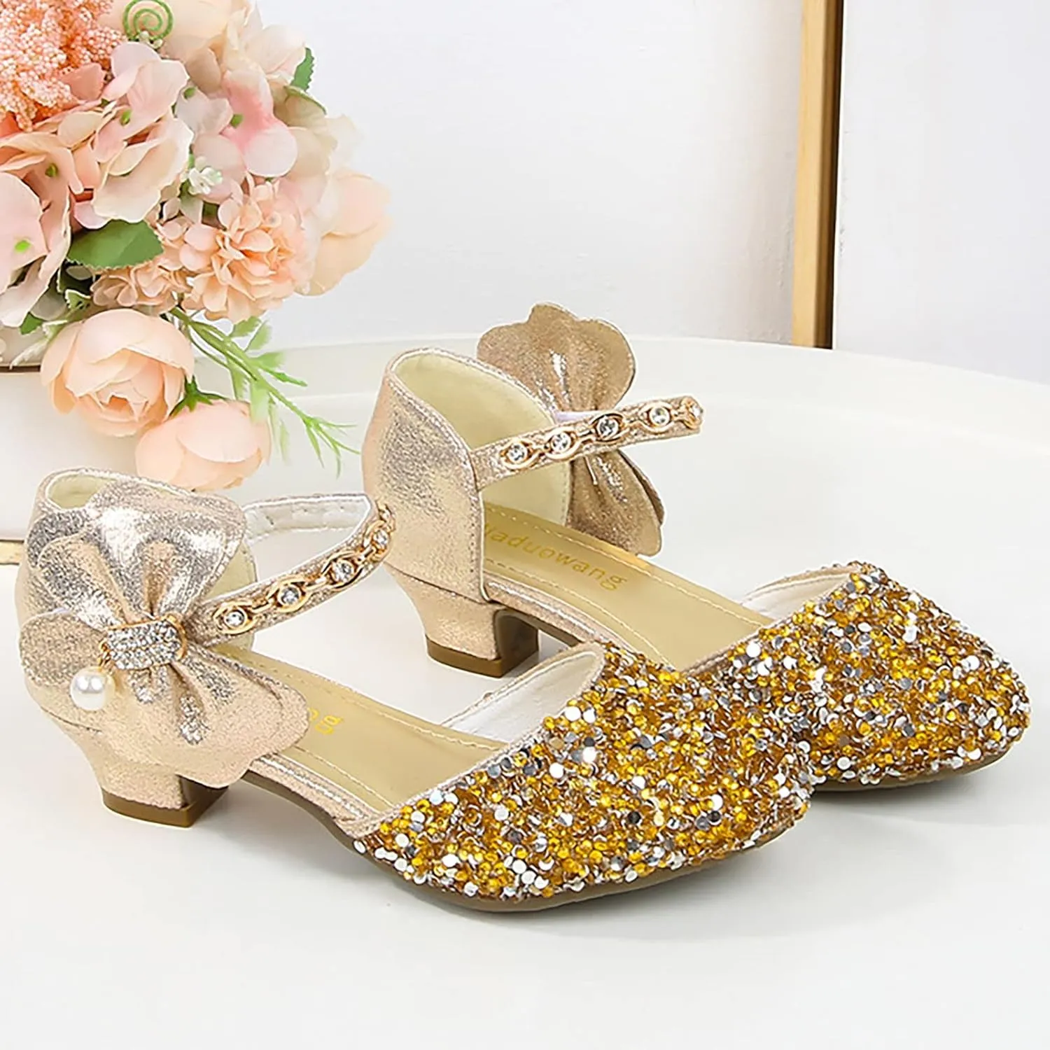 Girls Mary Jane Dress Shoes Rhinestons Bows Flower Girl Wedding Low Heels Pump Shoes Toddler Dress Heels with Buckles