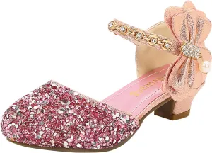 Girls Mary Jane Dress Shoes Rhinestons Bows Flower Girl Wedding Low Heels Pump Shoes Toddler Dress Heels with Buckles
