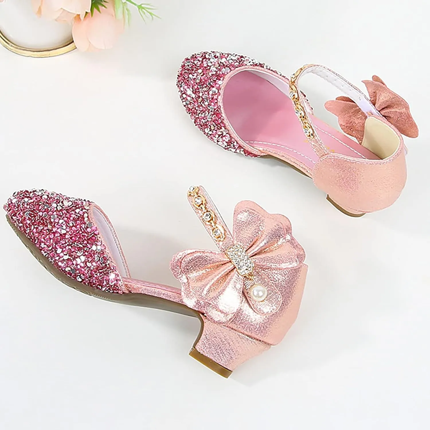 Girls Mary Jane Dress Shoes Rhinestons Bows Flower Girl Wedding Low Heels Pump Shoes Toddler Dress Heels with Buckles