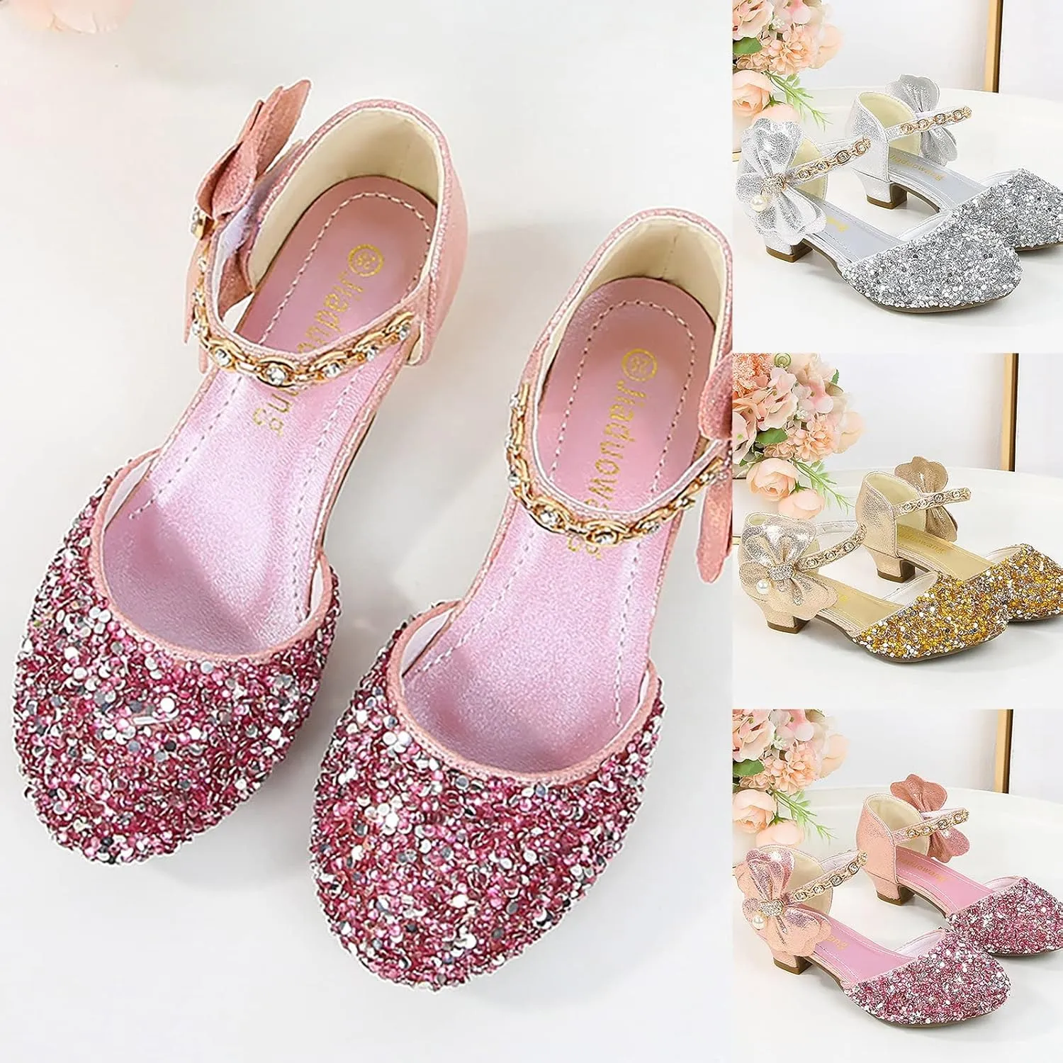 Girls Mary Jane Dress Shoes Rhinestons Bows Flower Girl Wedding Low Heels Pump Shoes Toddler Dress Heels with Buckles