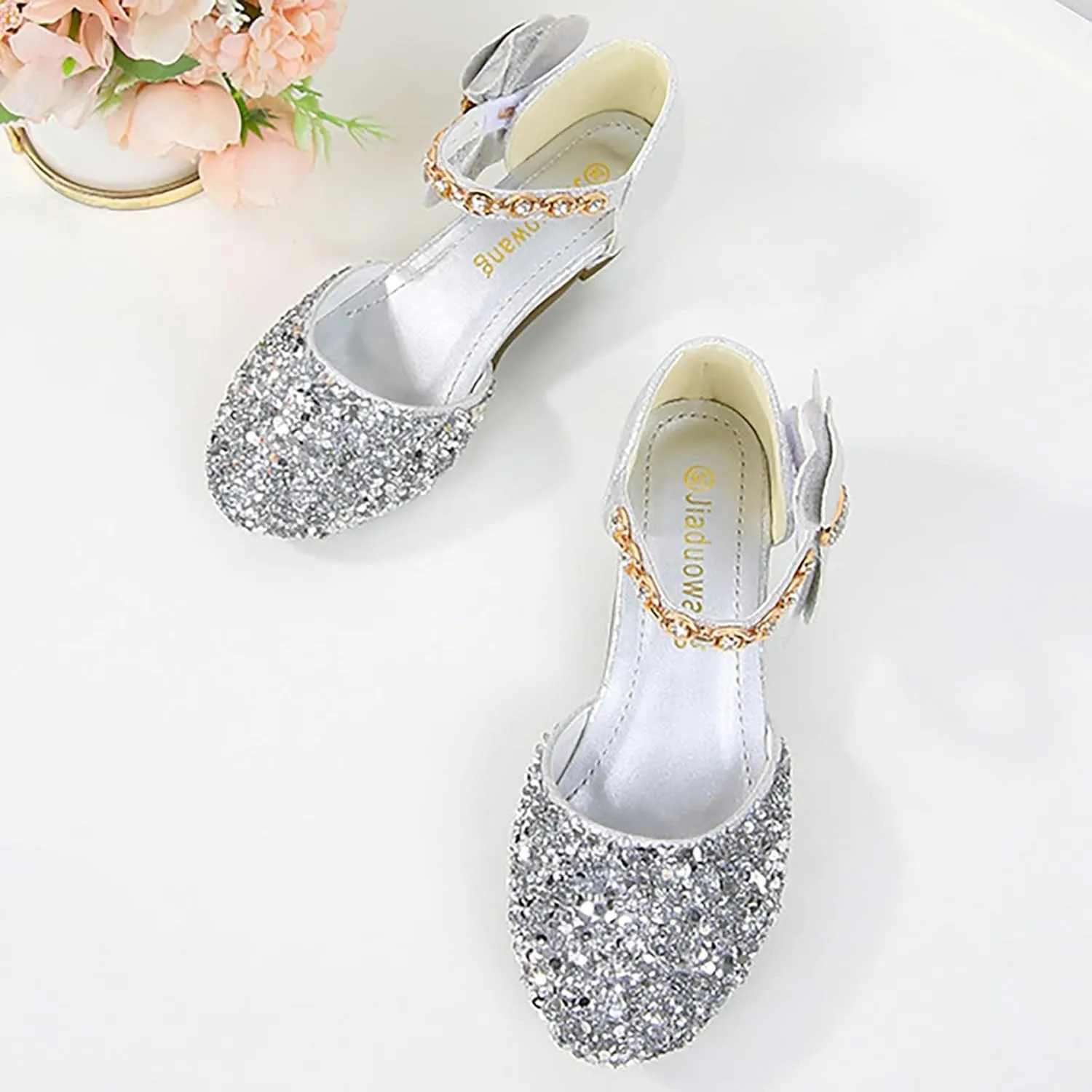 Girls Mary Jane Dress Shoes Rhinestons Bows Flower Girl Wedding Low Heels Pump Shoes Toddler Dress Heels with Buckles