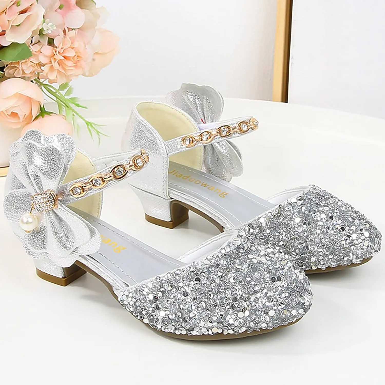 Girls Mary Jane Dress Shoes Rhinestons Bows Flower Girl Wedding Low Heels Pump Shoes Toddler Dress Heels with Buckles