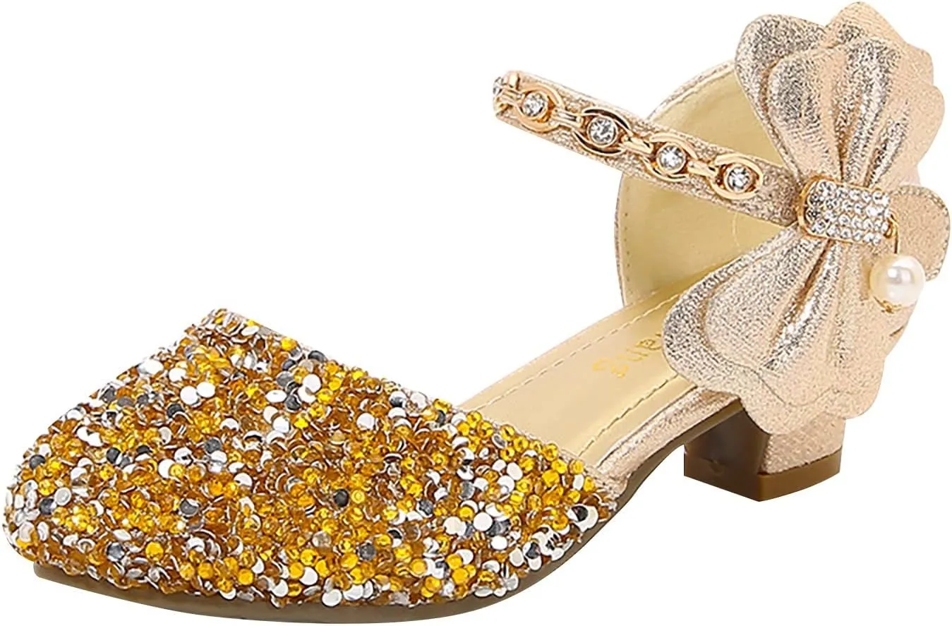 Girls Mary Jane Dress Shoes Rhinestons Bows Flower Girl Wedding Low Heels Pump Shoes Toddler Dress Heels with Buckles