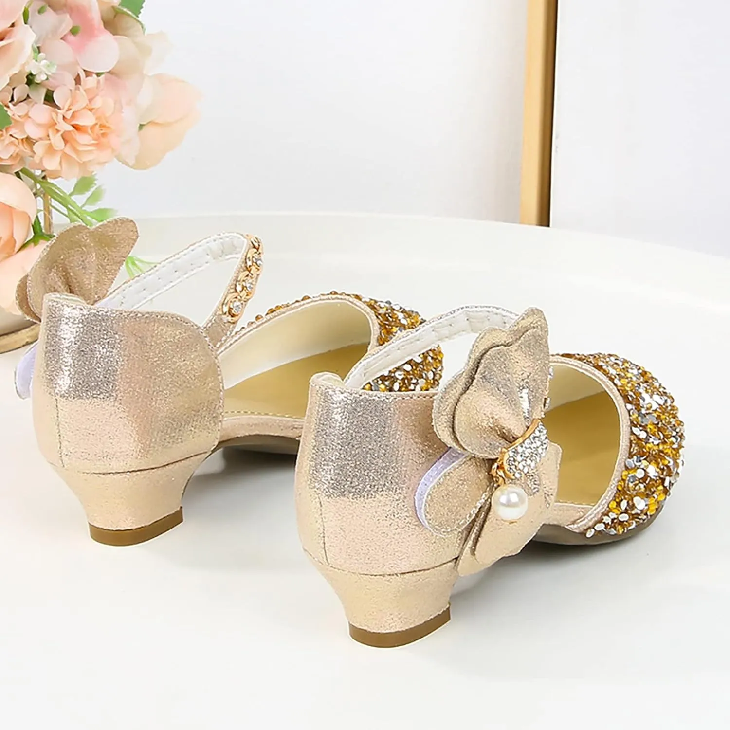 Girls Mary Jane Dress Shoes Rhinestons Bows Flower Girl Wedding Low Heels Pump Shoes Toddler Dress Heels with Buckles