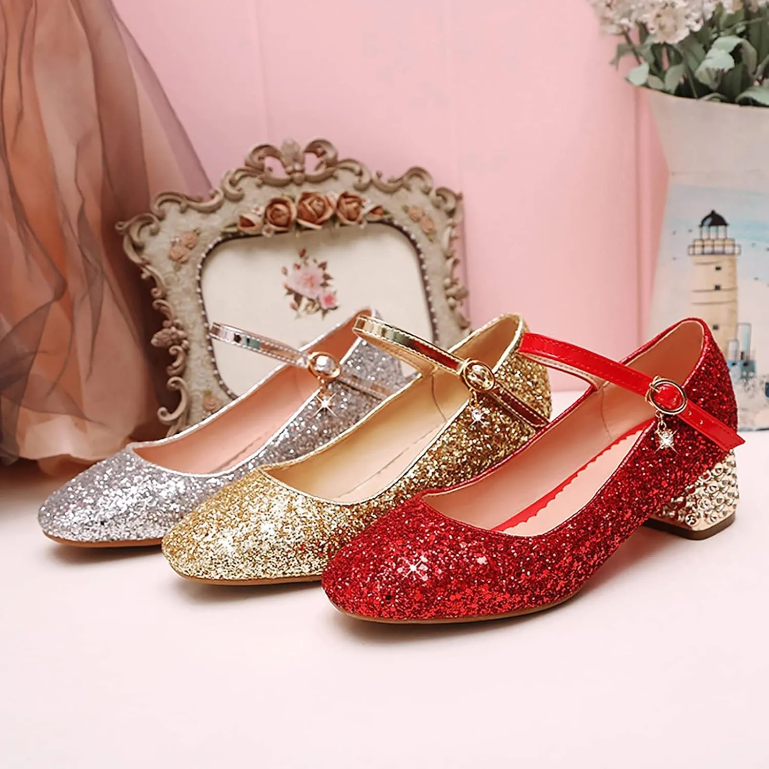Girls Mary Jane Glitter Princess Sandals Toddler Kids High Heel Dress Sparkl Mary Jane Shoes Wedding Party Prom