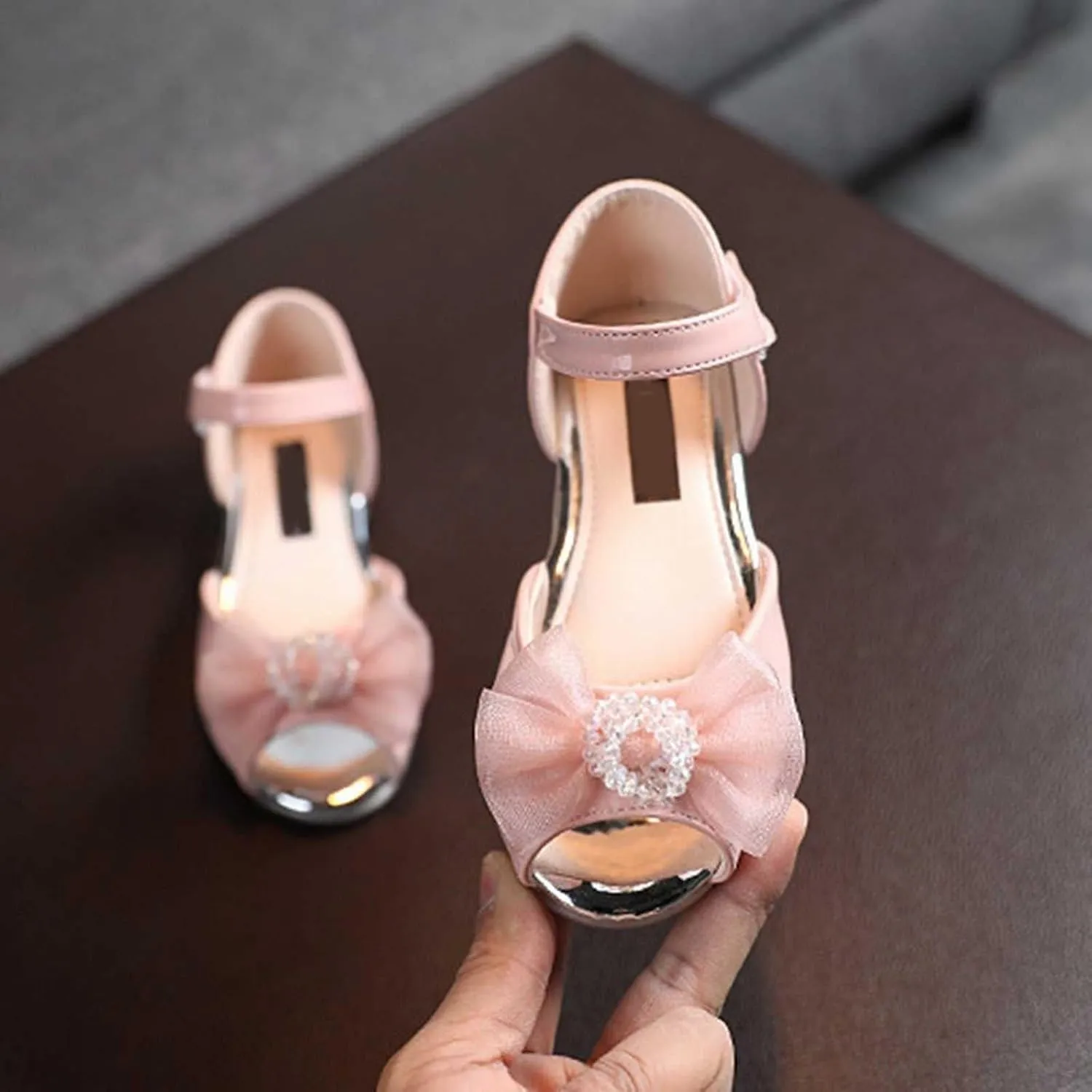 Girls Open Toe Heels Dress Shoes Flower Mary Jane Sandals with Bow Wedding Party Low Heel Pump Ankle Strap Shoes