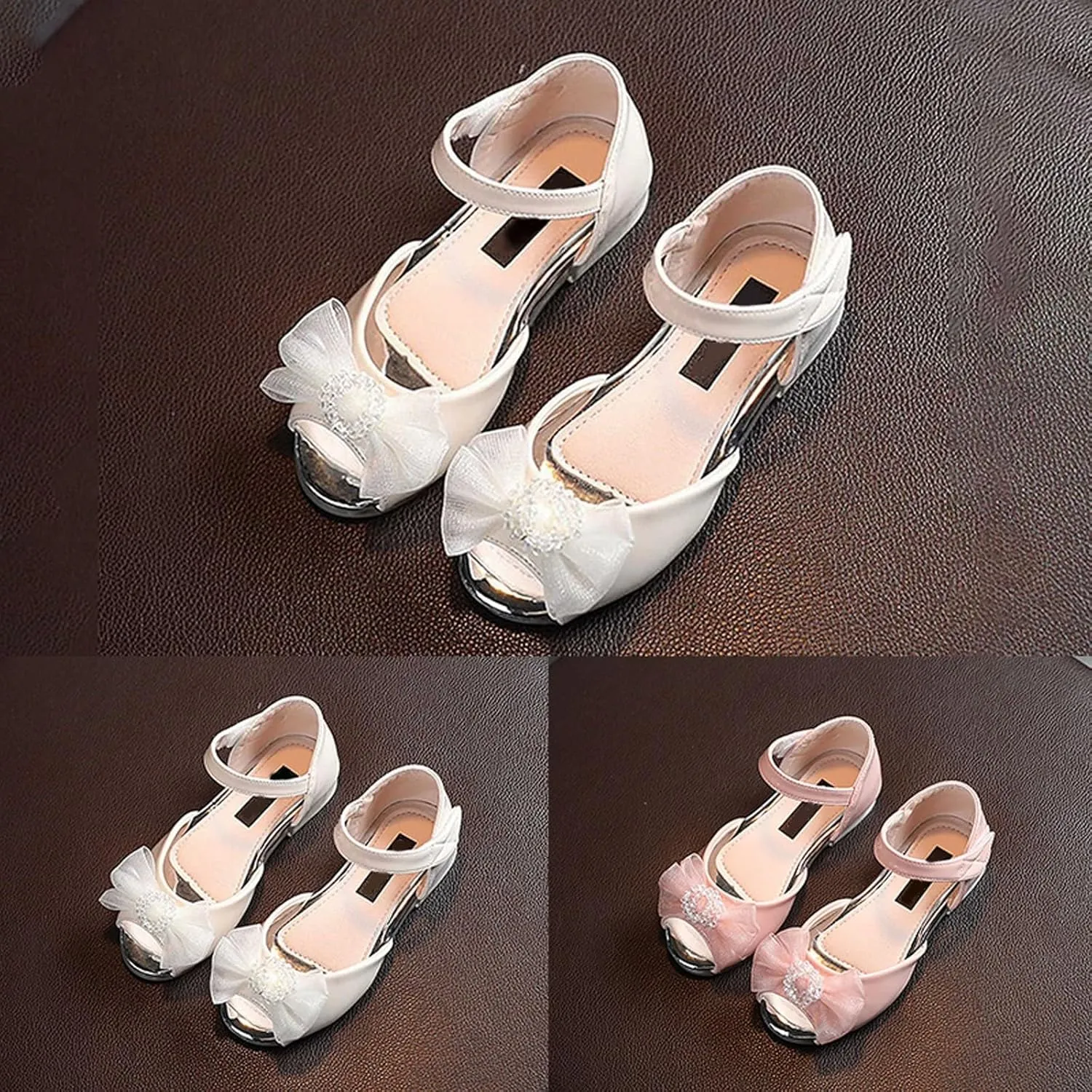 Girls Open Toe Heels Dress Shoes Flower Mary Jane Sandals with Bow Wedding Party Low Heel Pump Ankle Strap Shoes