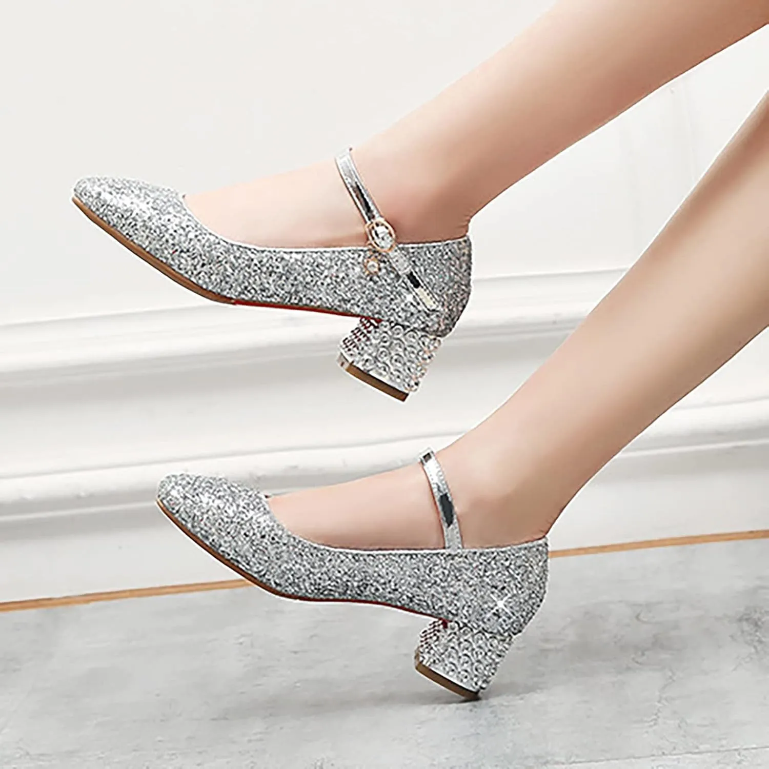 Girls Rhinestone Heels Dress Shoes Flower Girl Closed Toe Heels Ankle Strap Wedding Party School Toddler Kid Cool Shoes
