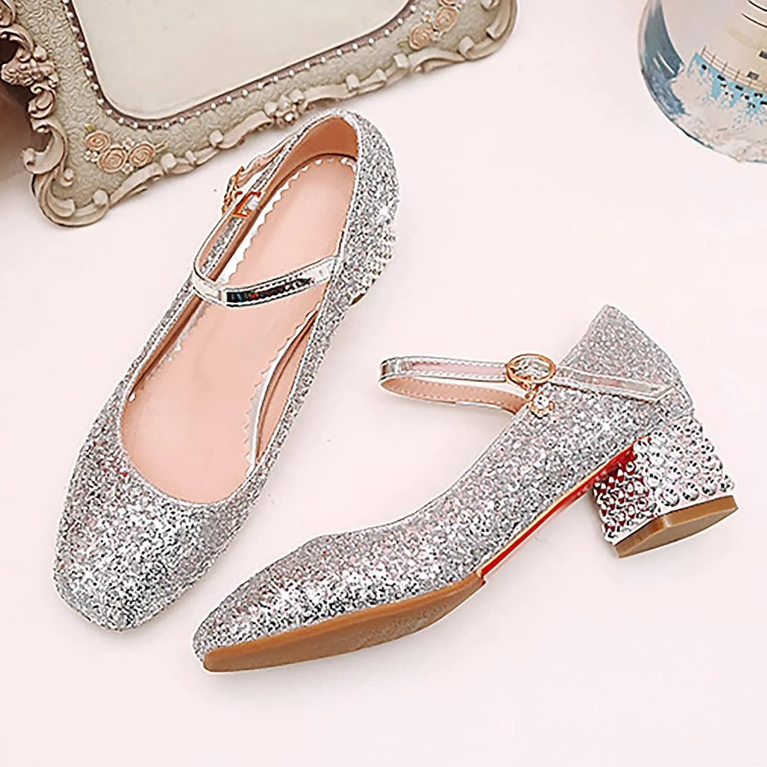 Girls Rhinestone Heels Dress Shoes Flower Girl Closed Toe Heels Ankle Strap Wedding Party School Toddler Kid Cool Shoes