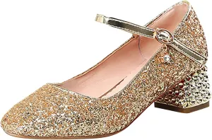 Girls Rhinestone Heels Dress Shoes Flower Girl Closed Toe Heels Ankle Strap Wedding Party School Toddler Kid Cool Shoes