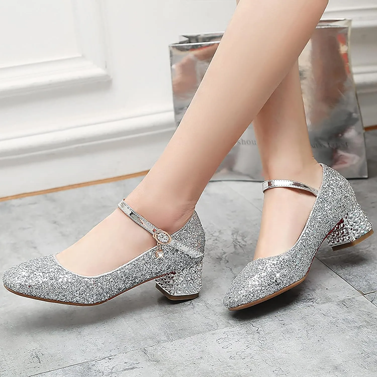 Girls Rhinestone Heels Dress Shoes Flower Girl Closed Toe Heels Ankle Strap Wedding Party School Toddler Kid Cool Shoes