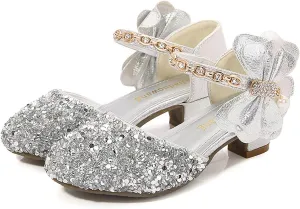 Girls Rhinestones Shining Bows Low Heel Shoes Princess Dress Flower Wedding Party Pump Shoes for Toddler Girls