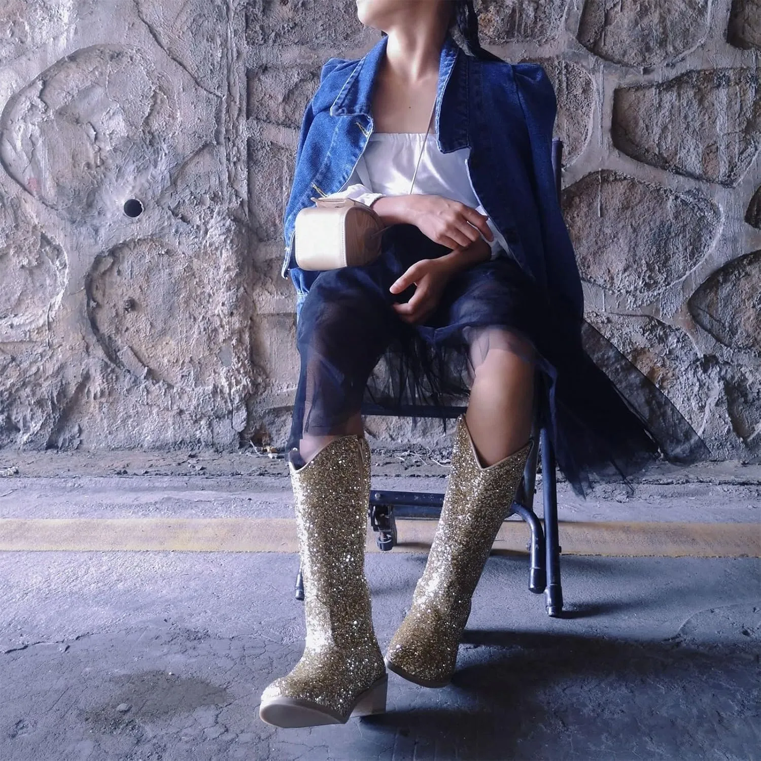 Girls Sequin Sparkly Cowboy Boots Kids ??hinestone Glitter Low Heel Wedding Dress Booties Western Girls Boots Wedge Heel