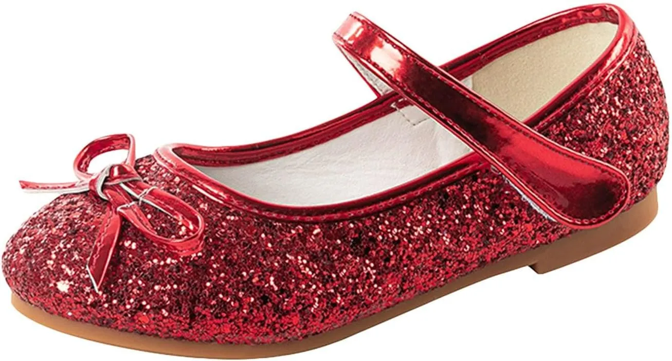 Girls Wedding Party Low Heel Flats Rhinestones Bow Ballet Glitter Mary Jane Shoes Shining Ankle Strap Flower Shoes