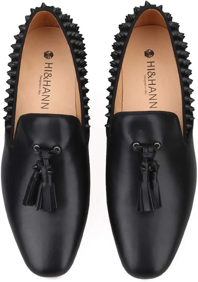 HI&HANN Men's Luxury Loafer Leather Vamp with Spikes Leather Tassels and Spikes Flats Smoking Slipper