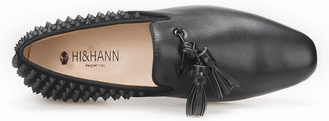 HI&HANN Men's Luxury Loafer Leather Vamp with Spikes Leather Tassels and Spikes Flats Smoking Slipper