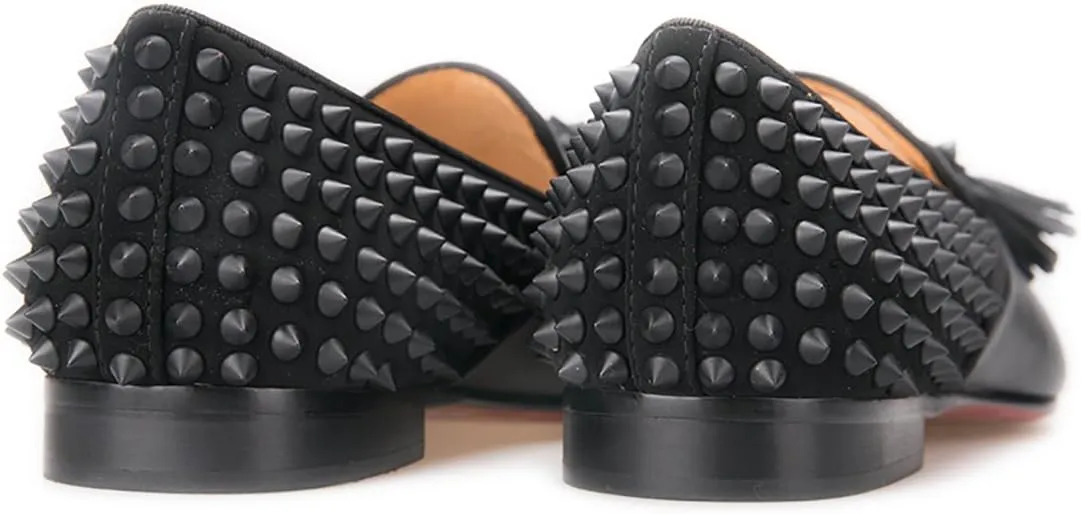HI&HANN Men's Luxury Loafer Leather Vamp with Spikes Leather Tassels and Spikes Flats Smoking Slipper