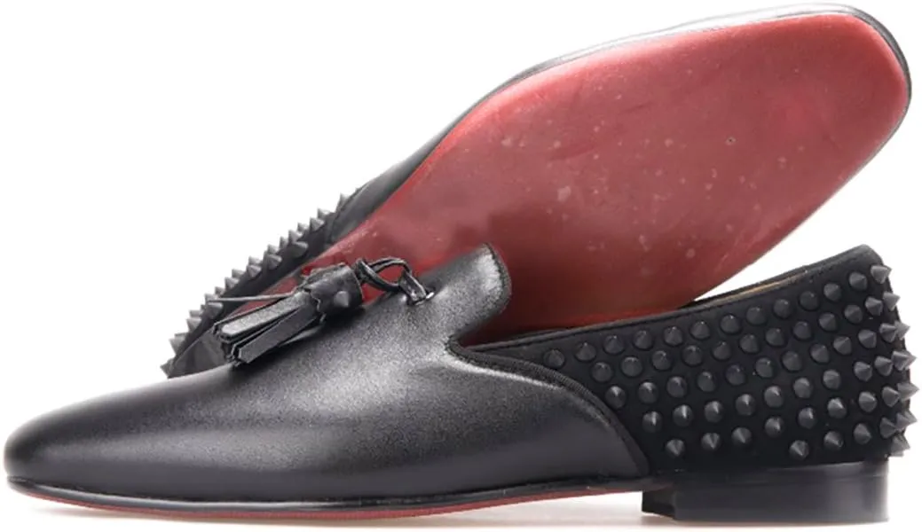 HI&HANN Men's Luxury Loafer Leather Vamp with Spikes Leather Tassels and Spikes Flats Smoking Slipper