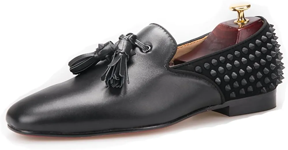 HI&HANN Men's Luxury Loafer Leather Vamp with Spikes Leather Tassels and Spikes Flats Smoking Slipper