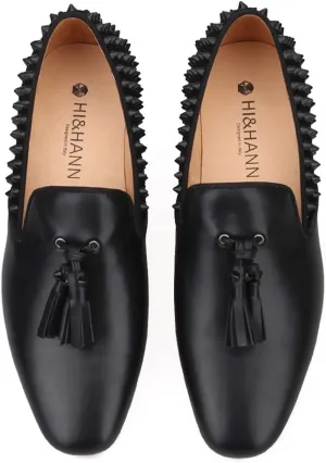 HI&HANN Men's Luxury Loafer Leather Vamp with Spikes Leather Tassels and Spikes Flats Smoking Slipper