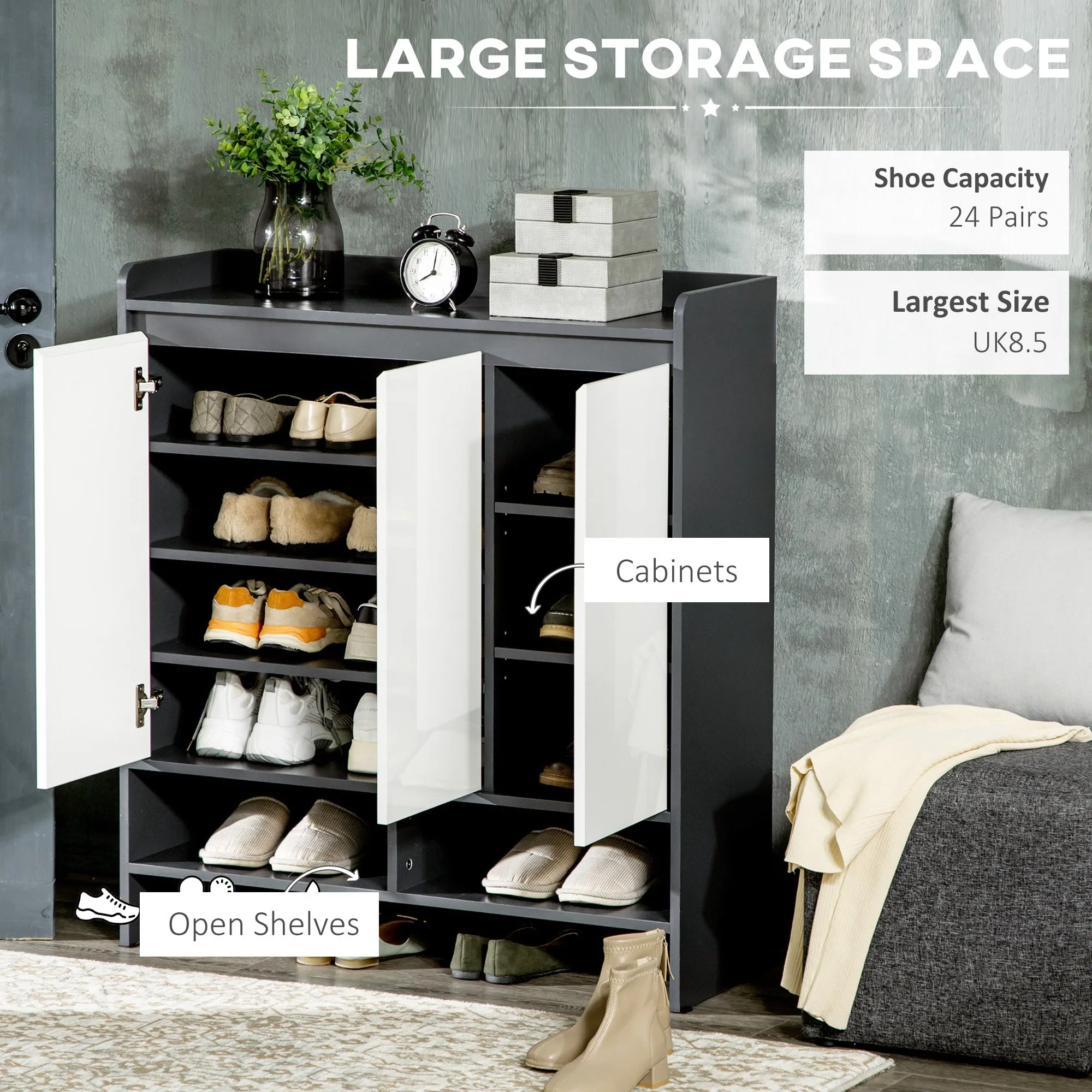 High Gloss Shoe Cabinet with White Doors and Open Shelves Hallway Shoe Cupboard Storage Organizer for 24 Pairs of Shoes Grey