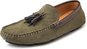 HOOENG Driving Moccasins Smoking Loafer for Men Tassel Genuine Leather Suede Vamp Round Toe Stitching Details Resistant Flexible Soft Comfortable Flat Heel (Color : Dark Green, Size : 10)