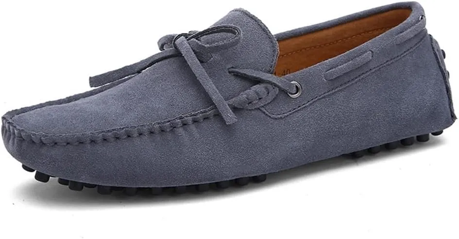 HOOENG Shoes Smoking Loafer for Men Boat Shoes Genuine Leather Stitching Details Round Toe Suede Vamp Lightweight Flat Heel Flexible Anti-Slip Casual (Color : Grey, Size : 7.5)