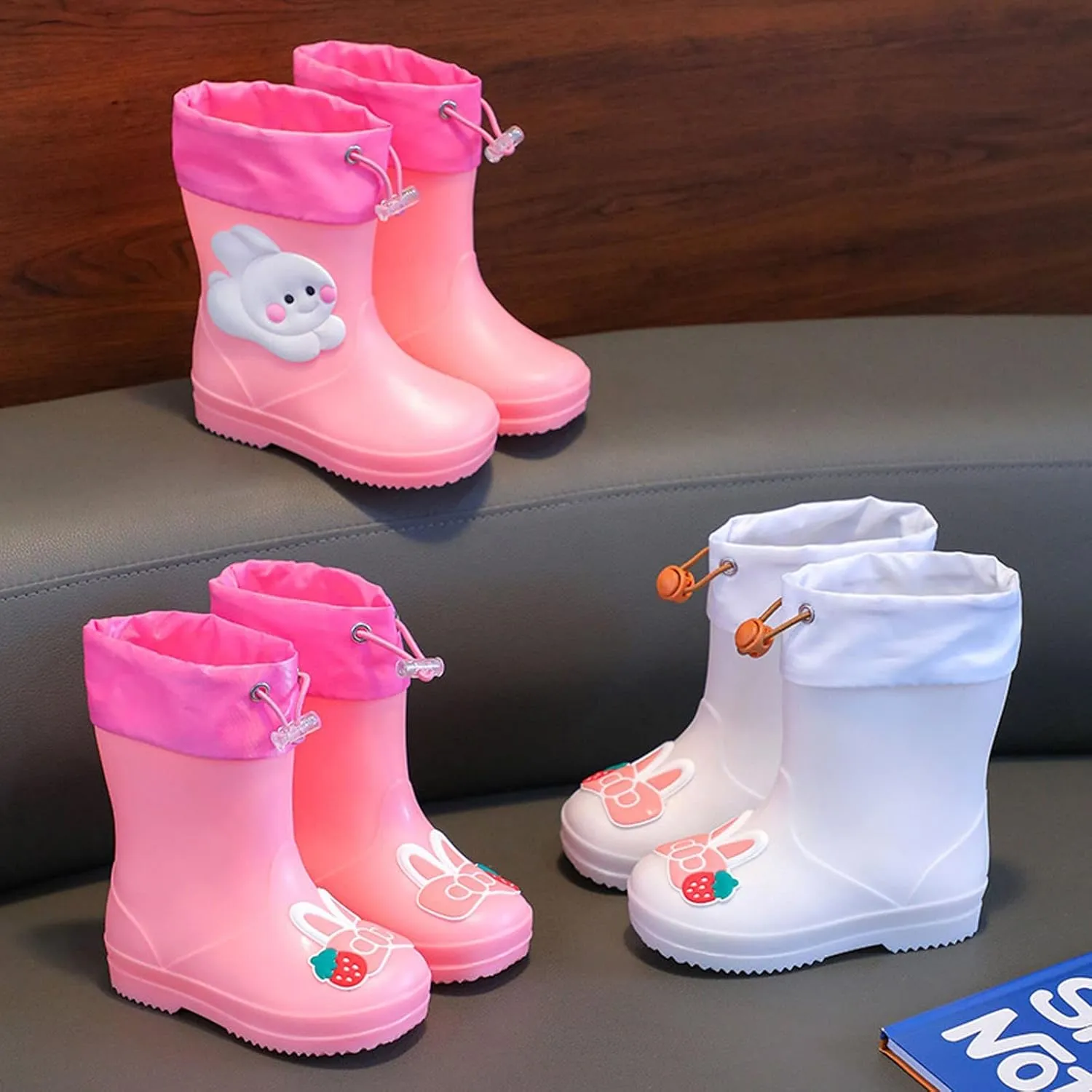 Infant Cartoon Rain Shoes with Rabbit Design Pink Children's Rain Boots Textured Soles Non Slip Toddler Metallic Boots