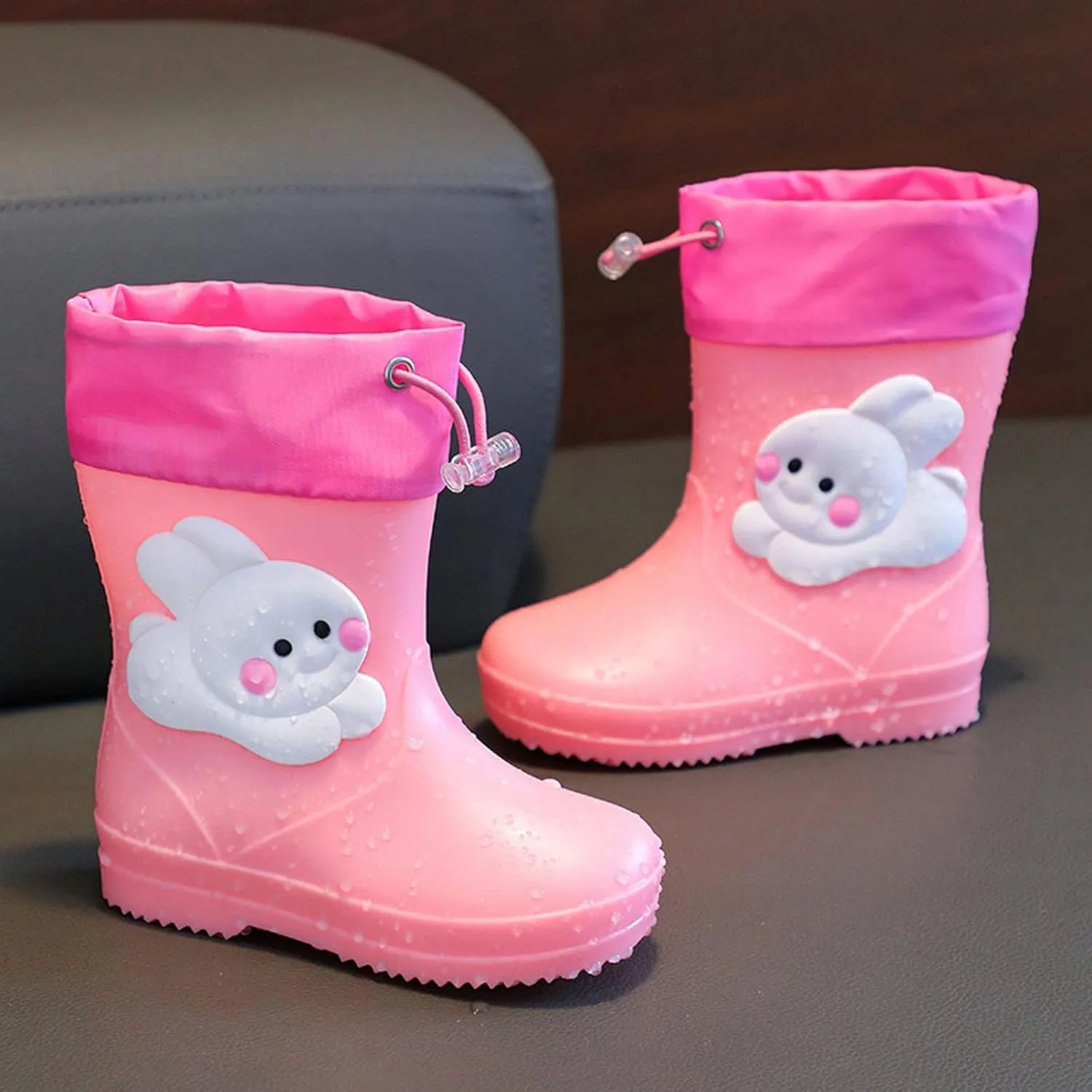 Infant Cartoon Rain Shoes with Rabbit Design Pink Children's Rain Boots Textured Soles Non Slip Toddler Metallic Boots