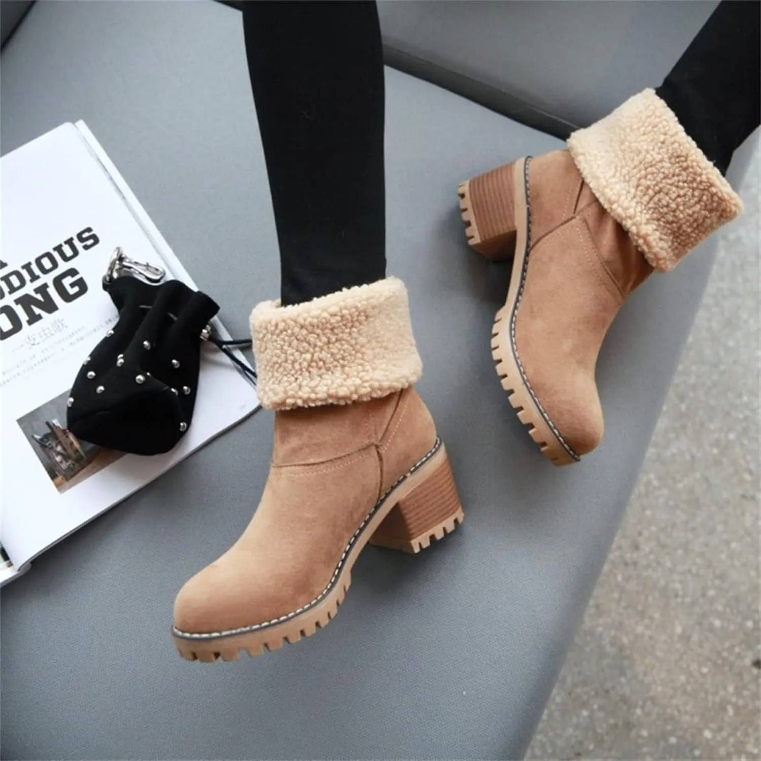 Ladmiple Snow Boots For Women Cute High Top Winter Warm Ankle Booties Fur Lined Anti-Slip Outdoor Slip On Mid Calf Warm Shoes