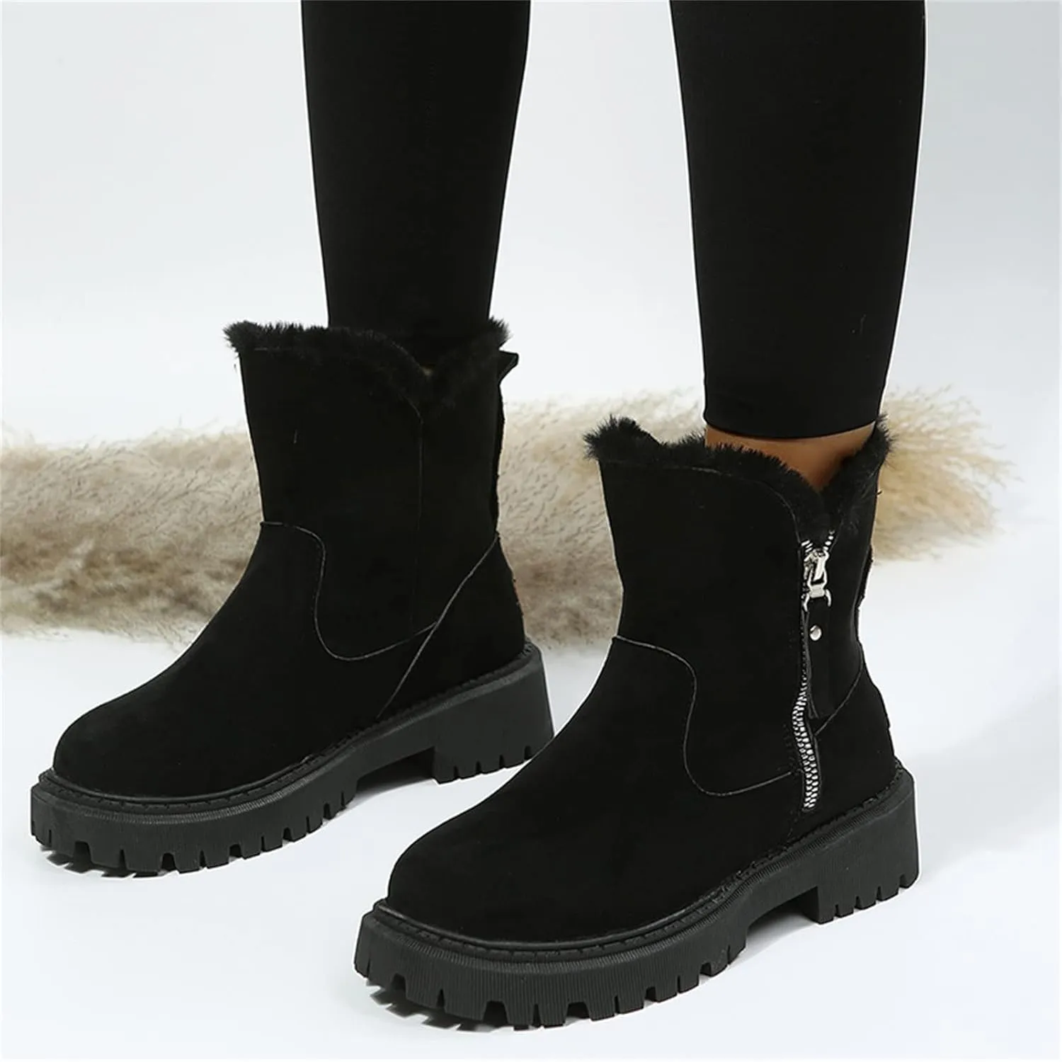 Ladmiple Snow Boots For Women Cute Tall Mid Calf Warm Fur Lined Winter Shoes Outdoor Slip On Fashion Walking Ankle Booties