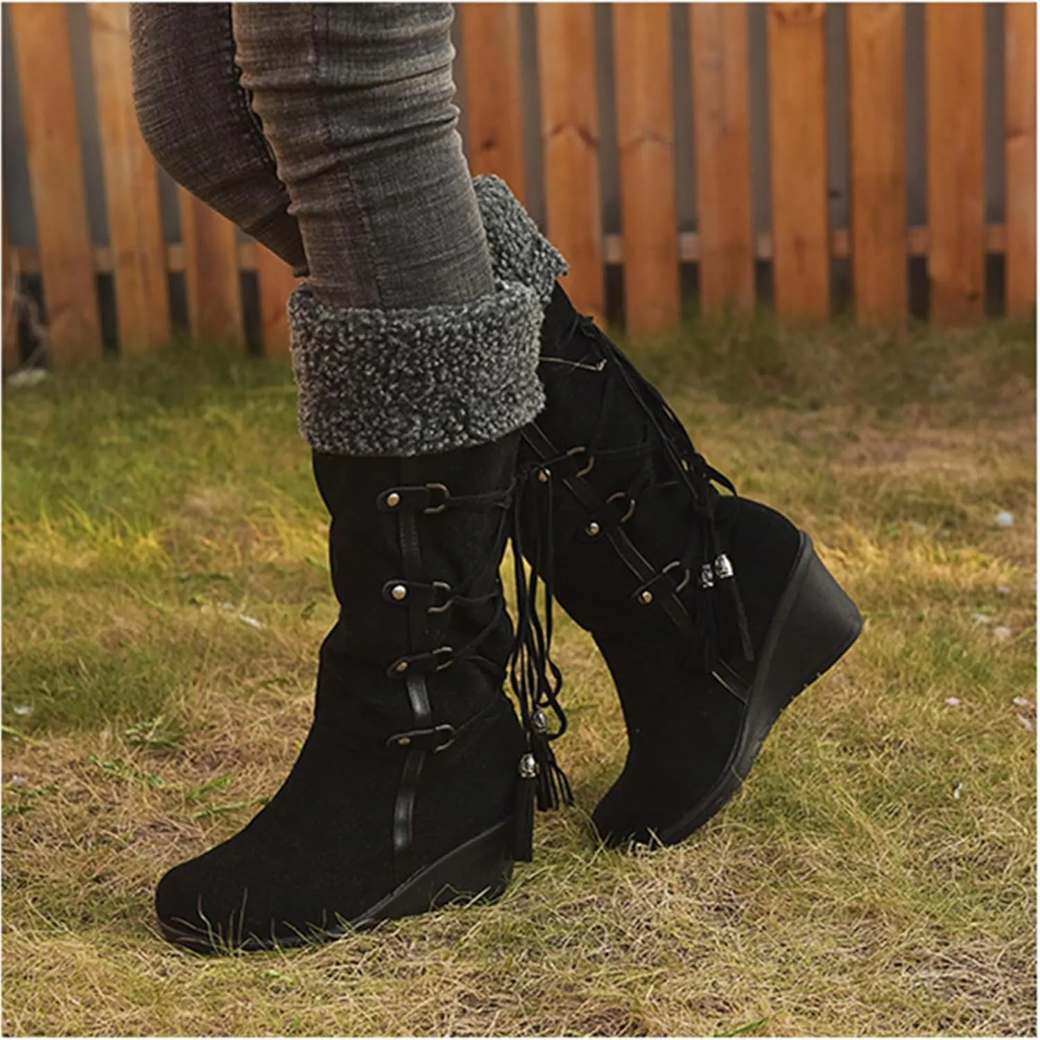 Ladmiple Snow Boots For Women Tall Mid Calf Winter Boots Classic Faux Fur Lined Slip On Fashion Casual Outdoor Warm Shoes