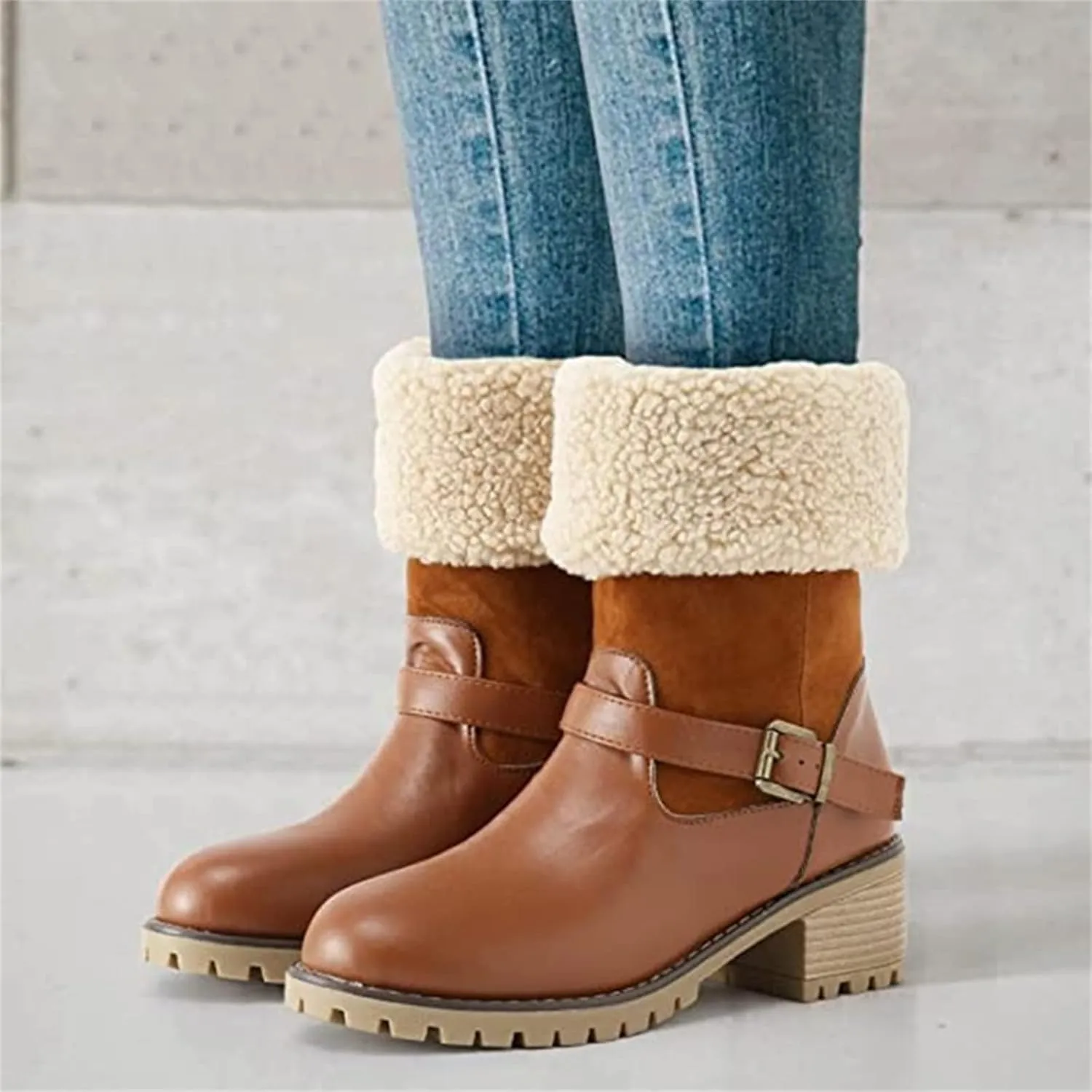 Ladmiple Snow Boots For Women Tall Mid Calf Winter Warm Boots Fur Lined Anti-Slip Outdoor Slip On Comfortable Warm Shoes
