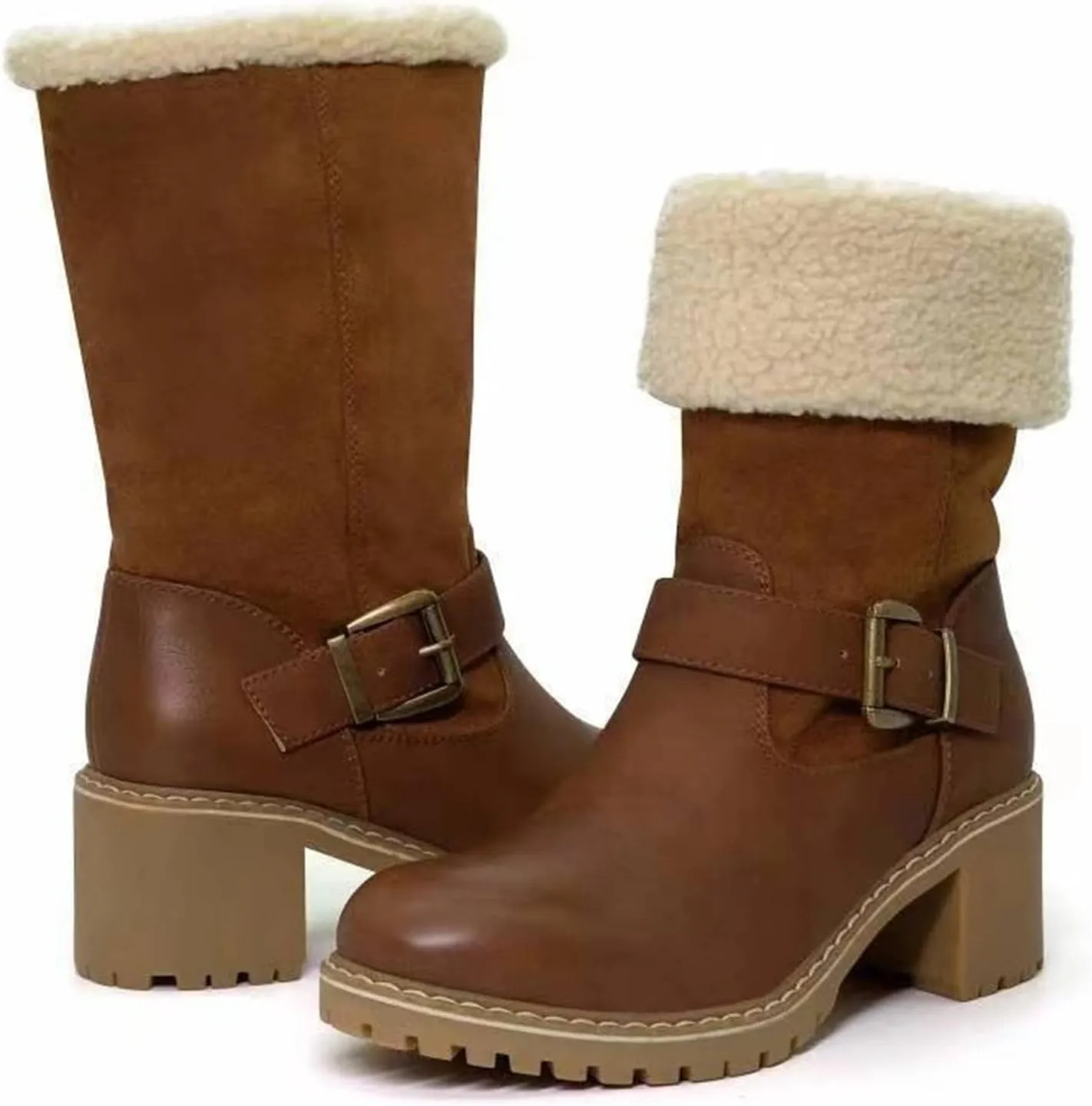 Ladmiple Snow Boots For Women Tall Mid Calf Winter Warm Boots Fur Lined Anti-Slip Outdoor Slip On Comfortable Warm Shoes