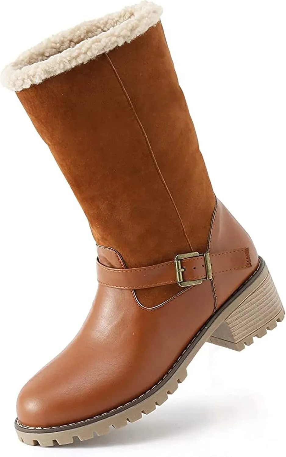 Ladmiple Snow Boots For Women Tall Mid Calf Winter Warm Boots Fur Lined Anti-Slip Outdoor Slip On Comfortable Warm Shoes