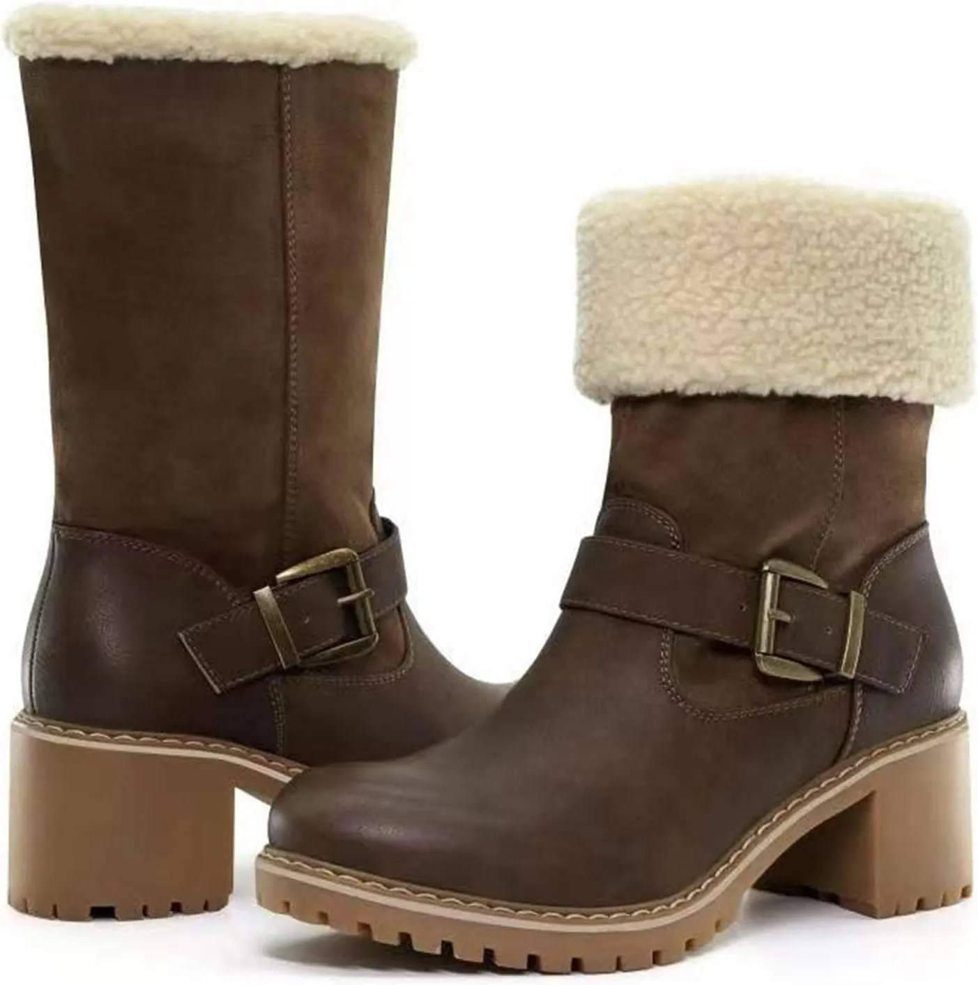 Ladmiple Snow Boots For Women Tall Mid Calf Winter Warm Boots Fur Lined Anti-Slip Outdoor Slip On Comfortable Warm Shoes