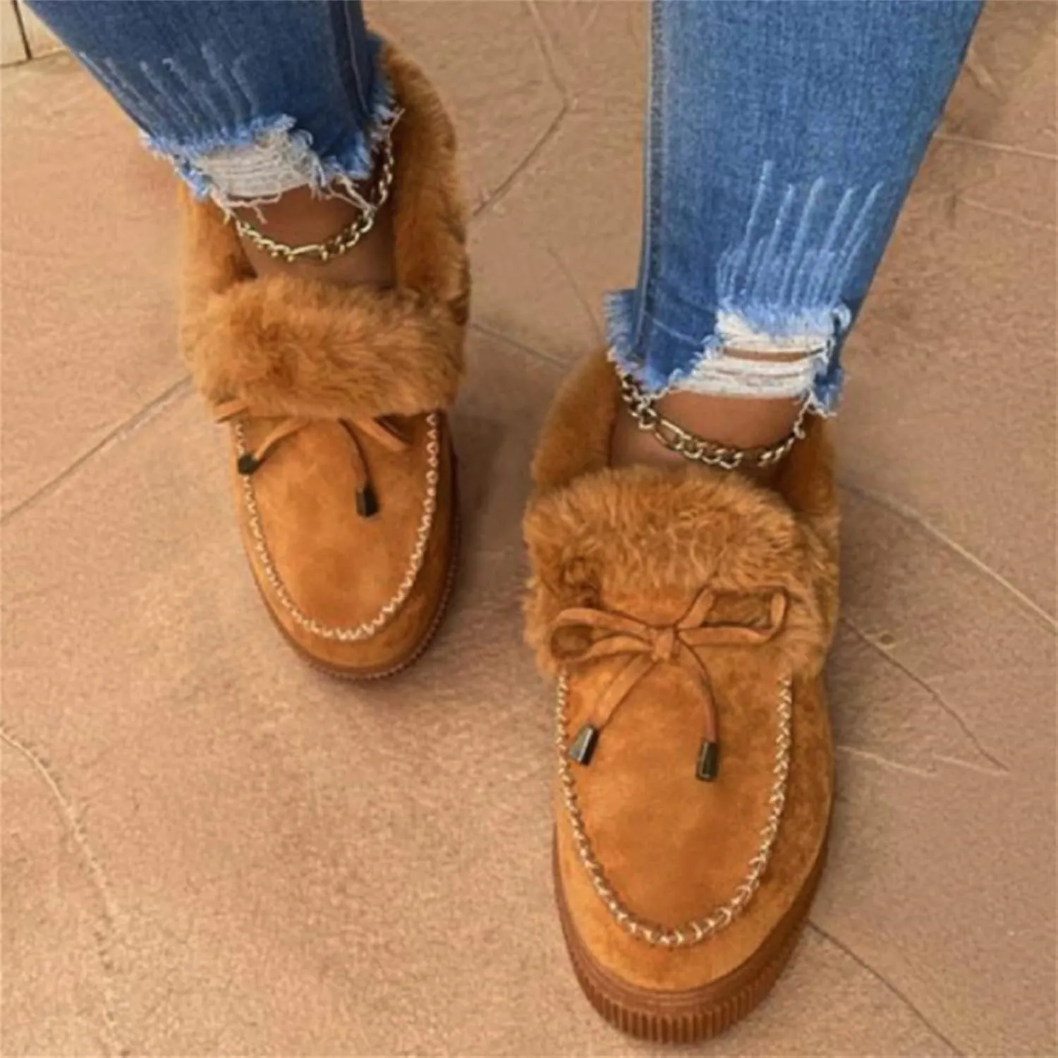Ladmiple Snow Boots For Women Wide Faux Fur Lined Slip On Winter Warm Ankle Booties Fashion Thickening Outdoor Walking Shoes