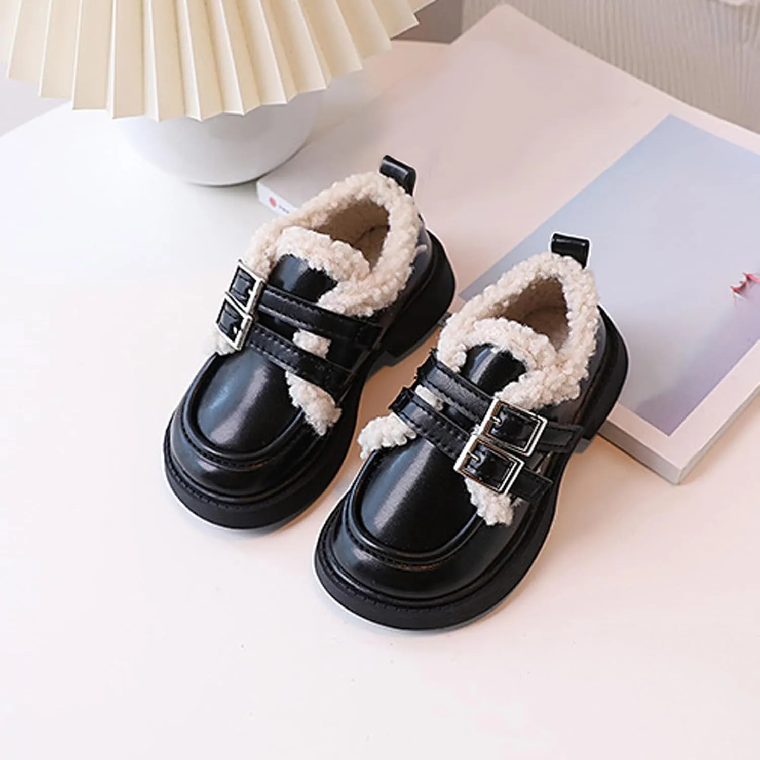 Little/Big Girls Fleece Plush PU Leather ??occasin Loafers Kids Soft Sole Slip-On Outdoor Casual Baby Girl Shoe