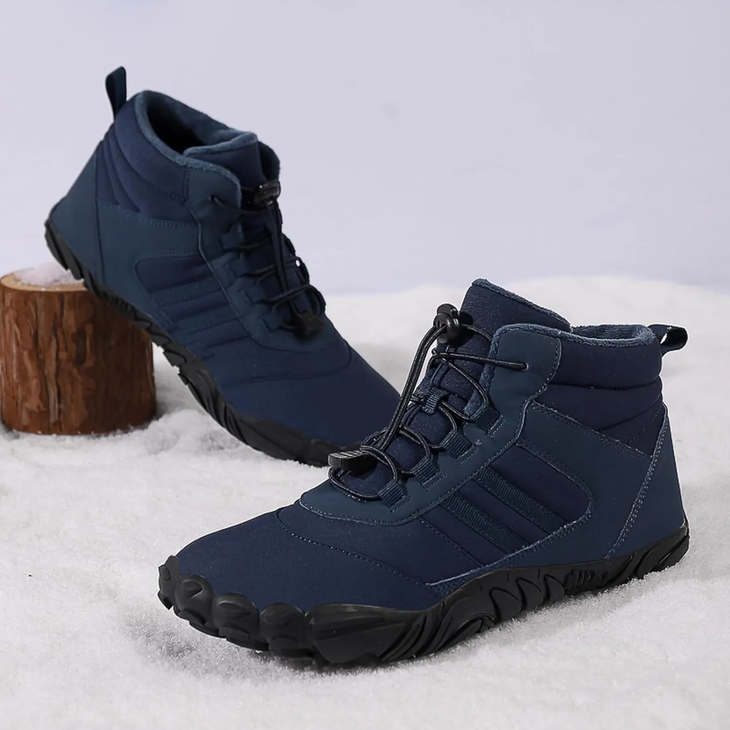 Mens and Womens Barefoot Hiking Boots | Zero Drop Warm Lined Winter Snow Boots with Wide Toe Box | Waterproof Ankle Booties with Elastic Cord Closure | Minimalist Five-Finger Sneakers for Outdoor Hiking and Walking
