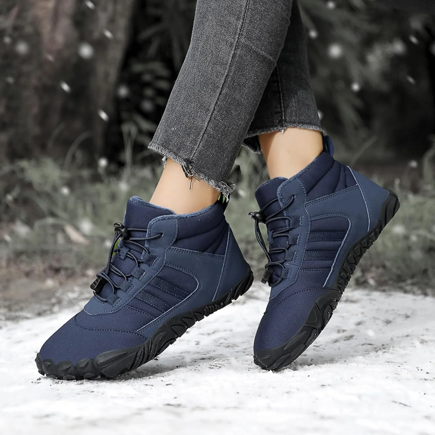 Mens and Womens Barefoot Hiking Boots | Zero Drop Warm Lined Winter Snow Boots with Wide Toe Box | Waterproof Ankle Booties with Elastic Cord Closure | Minimalist Five-Finger Sneakers for Outdoor Hiking and Walking