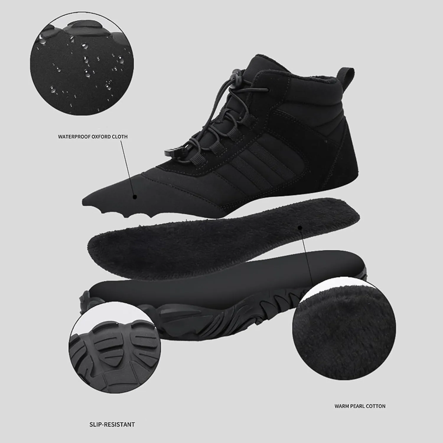 Mens and Womens Barefoot Hiking Boots | Zero Drop Warm Lined Winter Snow Boots with Wide Toe Box | Waterproof Ankle Booties with Elastic Cord Closure | Minimalist Five-Finger Sneakers for Outdoor Hiking and Walking