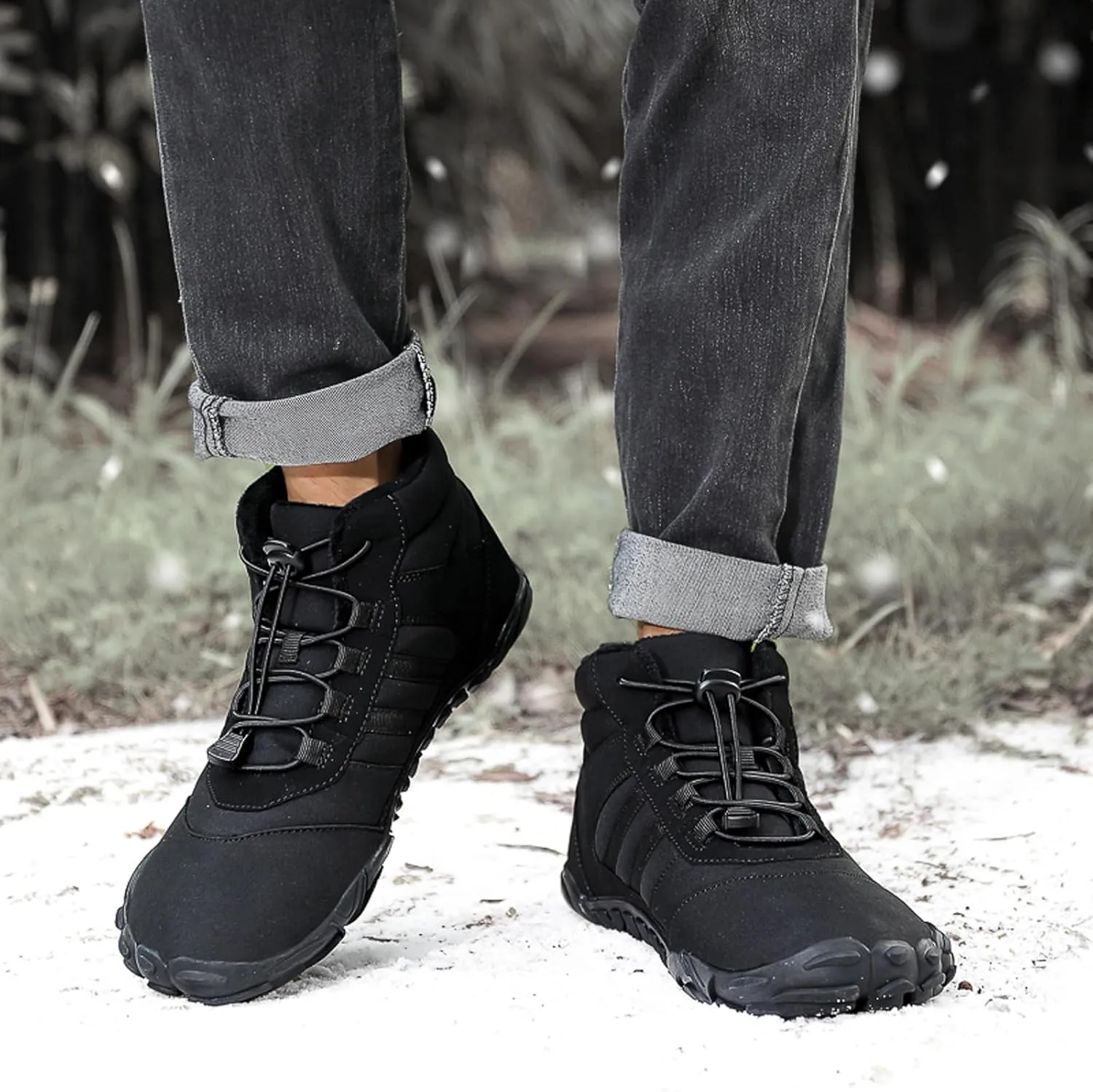 Mens and Womens Barefoot Hiking Boots | Zero Drop Warm Lined Winter Snow Boots with Wide Toe Box | Waterproof Ankle Booties with Elastic Cord Closure | Minimalist Five-Finger Sneakers for Outdoor Hiking and Walking