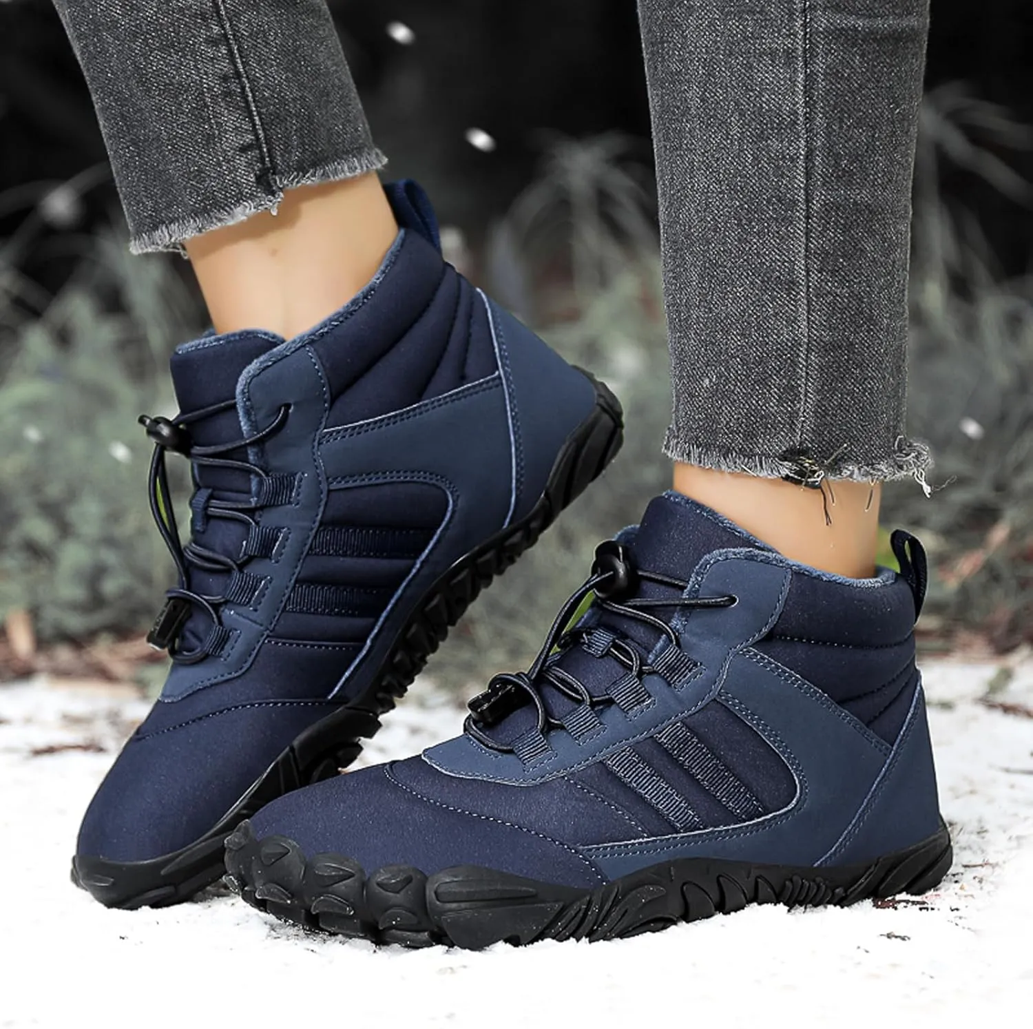 Mens and Womens Barefoot Hiking Boots | Zero Drop Warm Lined Winter Snow Boots with Wide Toe Box | Waterproof Ankle Booties with Elastic Cord Closure | Minimalist Five-Finger Sneakers for Outdoor Hiking and Walking