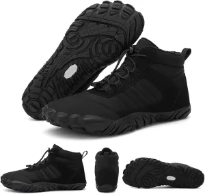 Mens and Womens Barefoot Hiking Boots | Zero Drop Warm Lined Winter Snow Boots with Wide Toe Box | Waterproof Ankle Booties with Elastic Cord Closure | Minimalist Five-Finger Sneakers for Outdoor Hiking and Walking