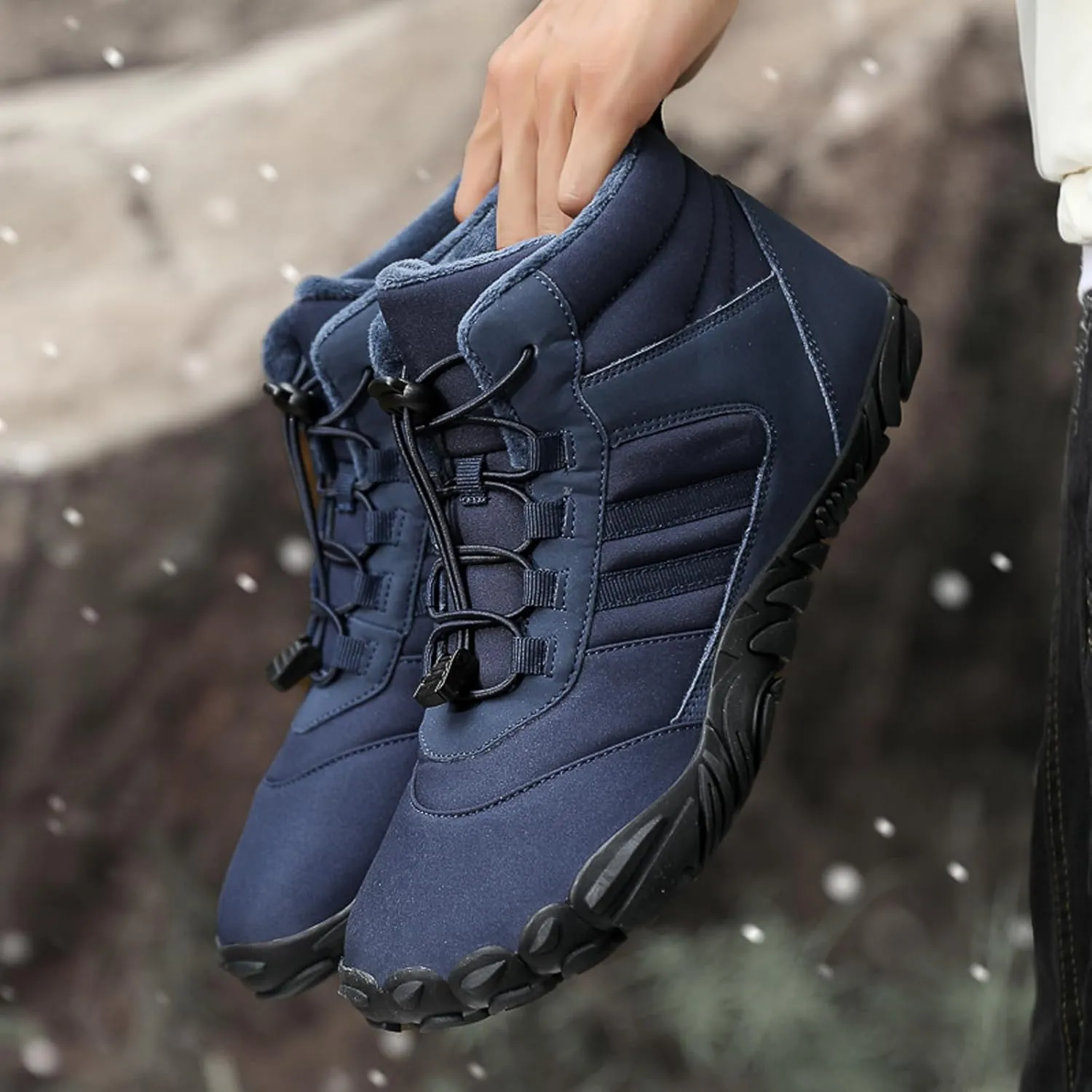 Mens and Womens Barefoot Hiking Boots | Zero Drop Warm Lined Winter Snow Boots with Wide Toe Box | Waterproof Ankle Booties with Elastic Cord Closure | Minimalist Five-Finger Sneakers for Outdoor Hiking and Walking